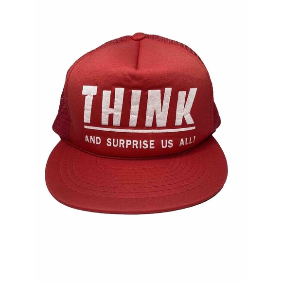 Vintage 80s Trucker Hat Red Mesh Snapback "THINK and Surprise Us All" Sarcasm - Picture 1 of 5